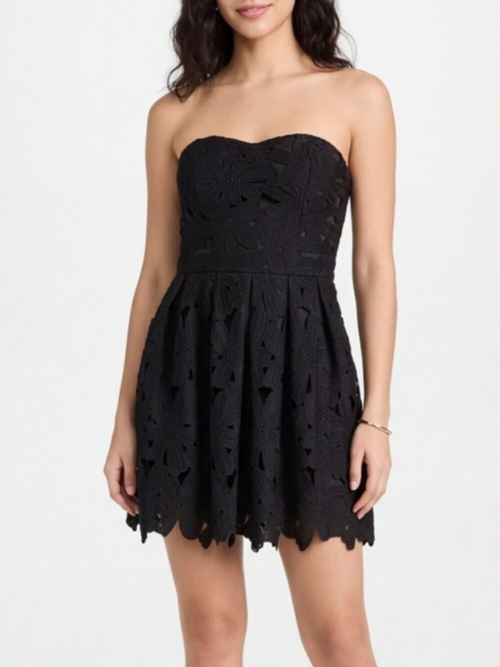 Sans Souci Black Floral Print Crochet Overlay Strapless Mini Cocktail Dress